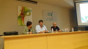 Presentació de la sessió de primària a Lleida amb Miquel Àngel Cullerés, Oriol Guasch i Mercè Lorente.
